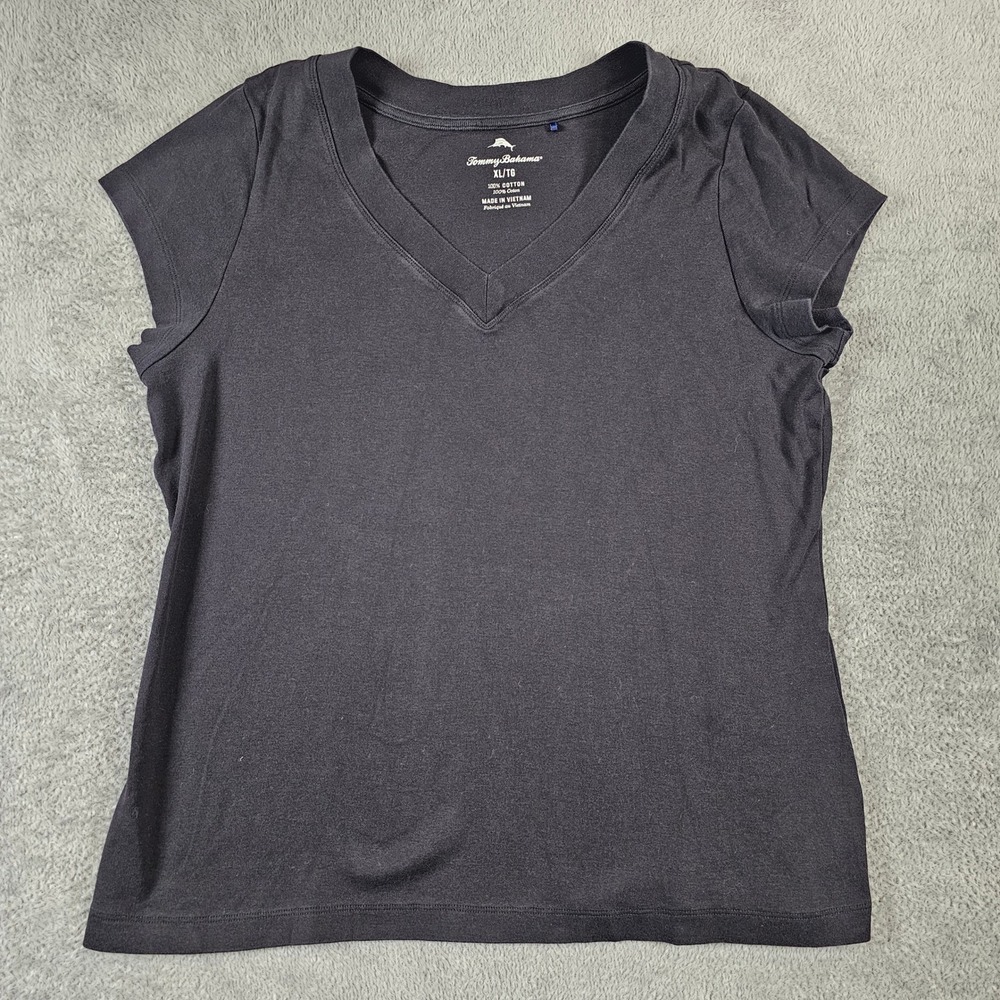 Tommy Bahama Womens XL Black V-Neck Short Sleeve 100% Cotton T-Shirt Top
